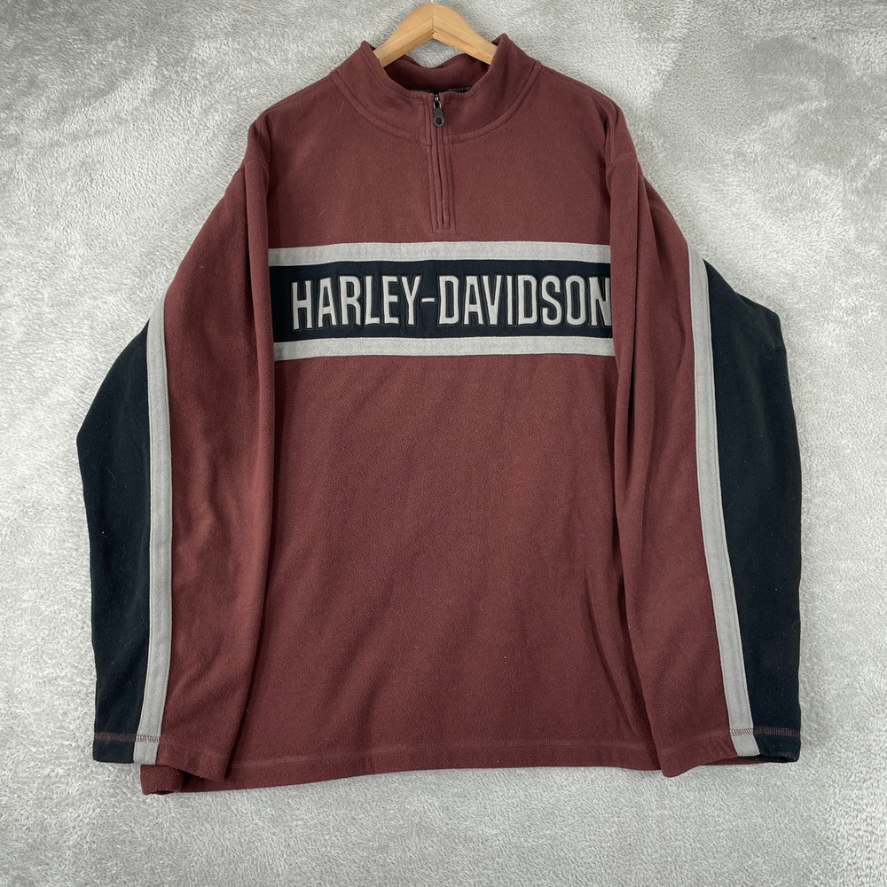 Harley Davidson Pullover Mens 2XL Burgundy Y2K Colorblock Biker Fleece Zip
